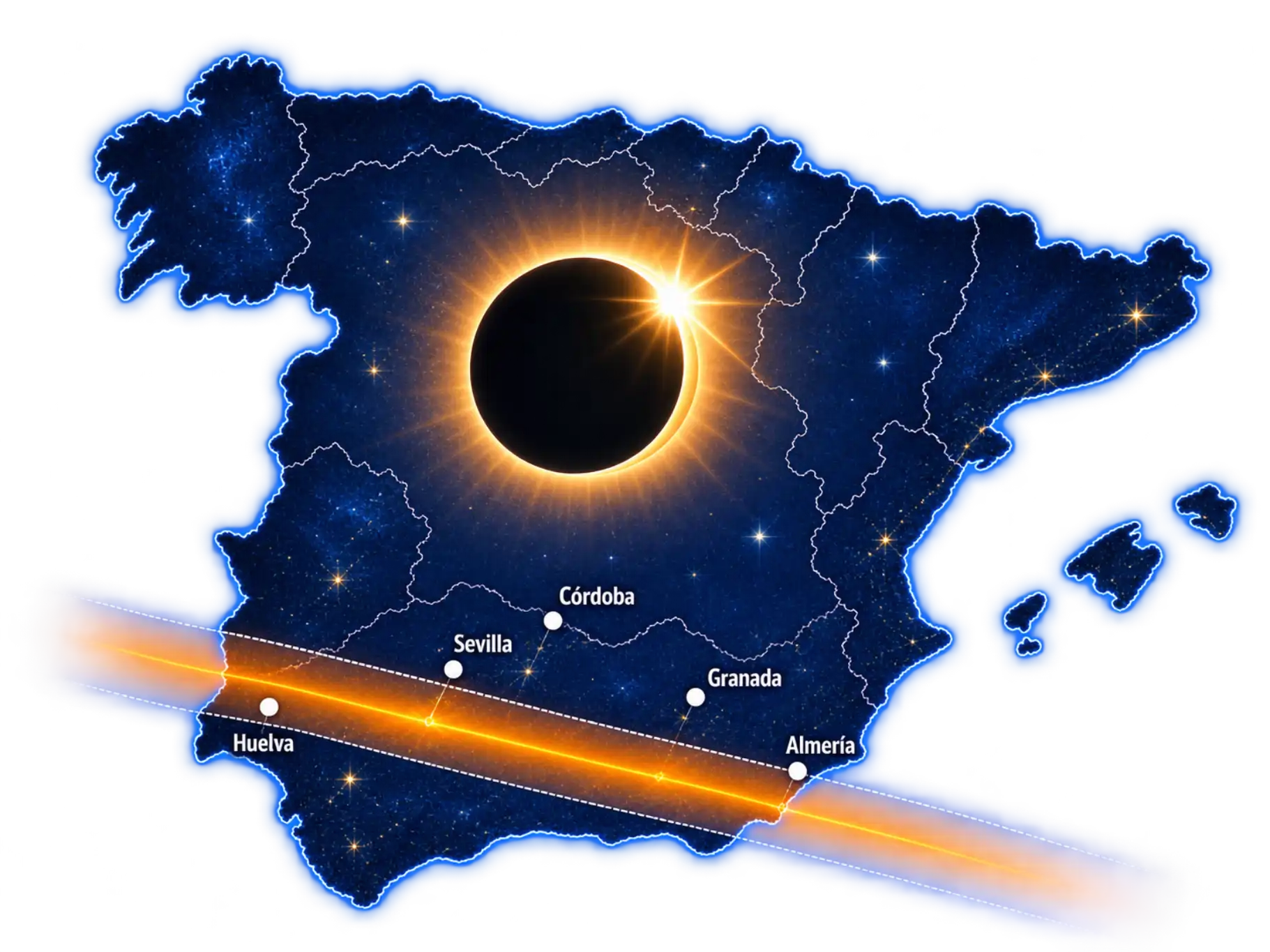 Mapa del eclipse solar total de 2027 en España