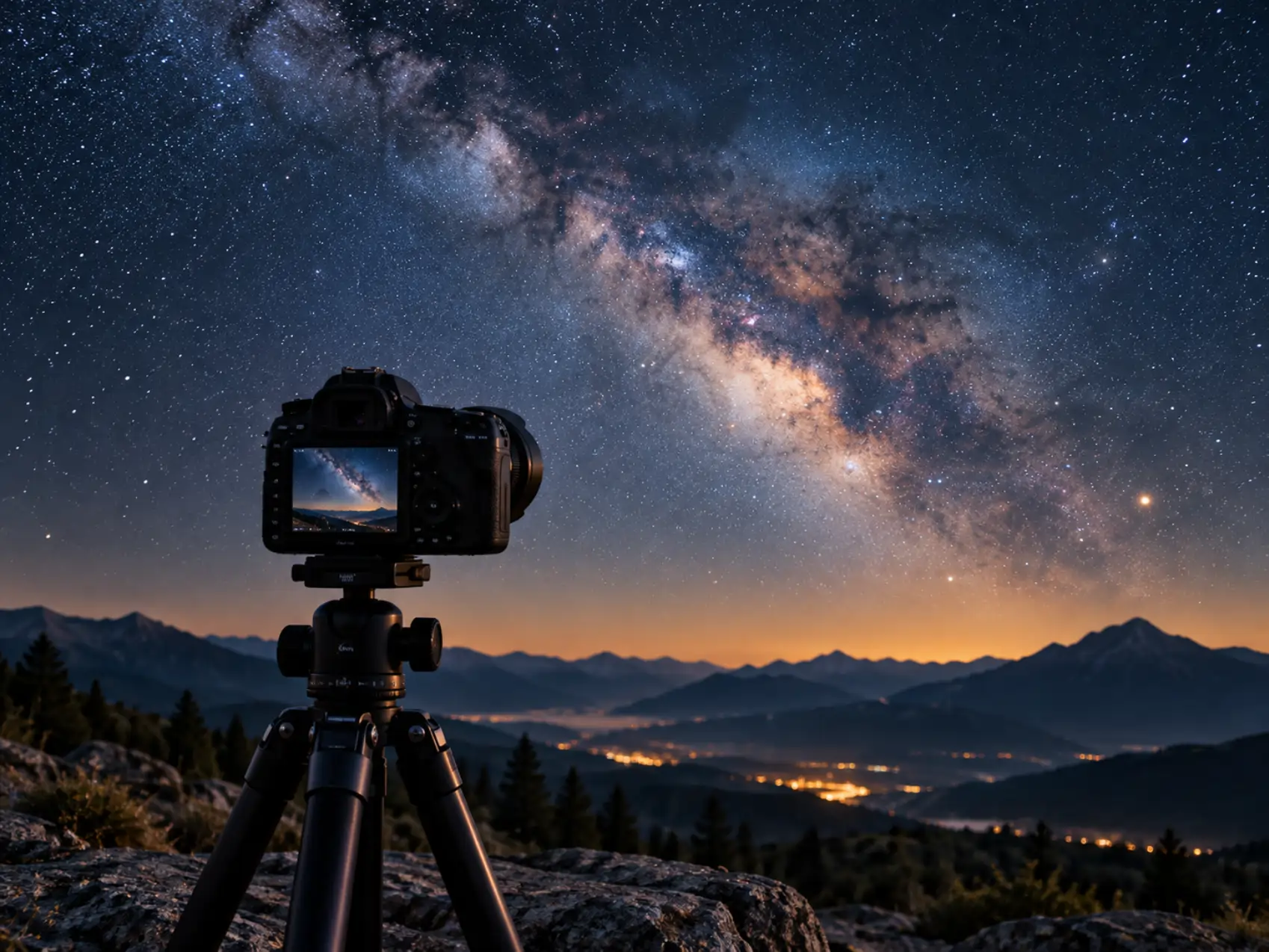 Cámara fotografiando el cielo nocturno y la Vía Láctea